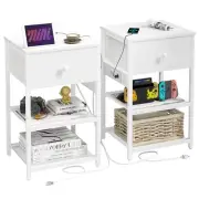 Nightstands Set of 2 with Charging Station, Bedside Tables with Fabric White
