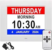 Digital Alarm Day Clocks 8-inch Electronic Calendar Day Date Month Clock for Elderly Seniors Dementia Clocks 12/24Hr Remote Control,Adaptor Extra Large, Dimming Home Decor Black/White (White)