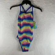 Speedo Swimsuit Women's 28 Multicolor Rainbow Wave Square Neck One Piece 8070