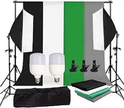 Abeststudio Studio Softbox Continuous Lighting Kit Background Set 10 * 5.2ft Backdrops(Black White Green Gray) + 6.6 * 6.5ft Background Support Stand + 2x25W 5500K LED Bulbs+Portable Bag