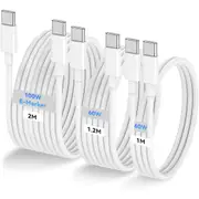 [3-PCS] USB C to USB C Cable (1M 60W+1.2M 60W+2M 100W), Fast Charging Cord for iPhone 16/15/Pro/Pro Max/Plus,MacBook//iPad/Samsung Galaxy