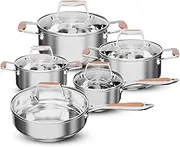 Cinrox Stainless Steel Cookware Set, 10 Pieces Modern Kitchen Pots and Pans Set wit Lids, Fry Pan, Saucepan, Sauce pots, Compatible with gas induction all stovetops, PFOS PFOA Free Dishwasher Safe