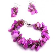 Handmade Purple Shell Beaded Cluster Bracelet with Dangle Earrings