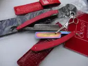 2 x Barber Cut Throat Razor/ DAMASCUS & Titanium STEEL BLADE+ Leather Strop