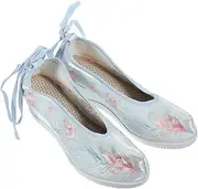 [OATIPHO] Chinese Style Cloth Shoes, Embroidery Vintage Flats, Girls Wedge Heel Embroidered Cloth Shoes,Hanfu Costume Shoes (Light Blue)