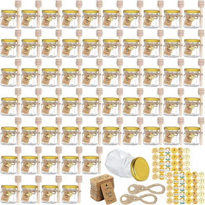 60 Pack Mini Honey Jars/Pot Metal Lids,1.5 Oz Glass,Wooden Dippers,Bee Charms