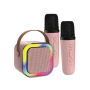 Laser Mini Karaoke Speaker with Bluetooth, 2 Wireless Microphones, Voice Effects - Portable Fun for Kids and Parties - Pink