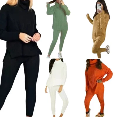 Women's Chunky Knitted Ribbed High Neck Polo Top and Leggings Loungewear Set