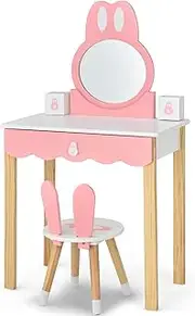 HONEY JOY 2 in 1 Kids Vanity Set w/Mirror, Cute Bunny Princess Makeup Dressing Table Stool w/Detachable Top, Large Drawer, 2 Storage Boxes & Solid Wood Legs, Makeup Kids Vanity Set for Girls