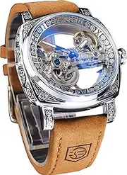 [FORSINING] Men's Luxury Square Carving Mechanical Watch, Retro Totem Double Sided Hollow Skeleton Self-Wind Automatic Watches, Vintage Leather Strap Wristwatch Reloj para Hombre