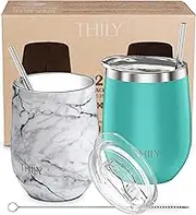 Stainless Steel Stemless Wine Glasses - THILY 12 oz Vacuum Insulated Wine Tumbler with Lid and Straw, Reusable, BPA Free, Keep Cold & Hot for Drinks, Coffee, Cocktails, 2 Pack(Teal + Marble)