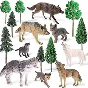 16 Pcs Woodland Animals Figures Model Trees Kit, 8 Pcs Wolf Toy Figurines and 8 Pcs Mixed Plastic Trees Forest Wolf Tree Cake Topper for Diorama Supplies Miniature Dollhouse Accessories Train Scenery