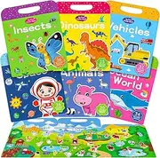 6 Pack Reusable Puffy Sticker Book for Kids, Travel Airplane Activity Stickers Includes 6 Themes Dinosaurs, Animal, Vehicles, Ocean World, Space,Insects Education Learning Toys