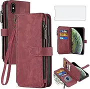 Asuwish Phone Case for iPhone Xs Max Wallet Cover with Tempered Glass Screen Protector Leather Flip Credit Card Holder Cell Accessories i X XR Xsmax 10x SX Xmax 10xs 10s 10 Plus Xmaxs Women Men Red