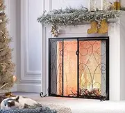 Kingson 2-Panel Fireplace Screen with Doors Handcrafted Wrought Iron Decorative Mesh, Symmetric Scroll Fire Spark Guard-Black