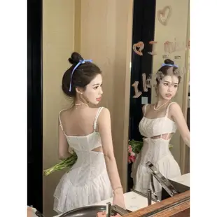 韓版性感吊帶洋裝女裝緊身收腰鏤空繡花設計感無袖白色蕾絲洋裝