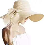 Lanzom Womens 5.5 Inches Big Bowknot Straw Hat Large Floppy One Size, Beige