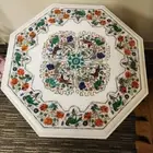 White Marble Coffee Table Top, Multi Stone Inlay Mosaic Art, Living Room Table