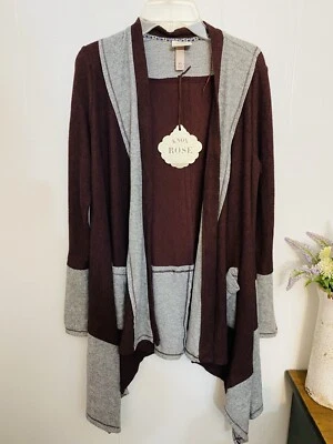 Knox Rose S Boyfriend Cardigan Sweater Gray Burgundy Long Sleeve Pockets NWT