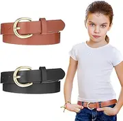 [Apausvcm] 2 Pack Girls Belt, 82 CM Elastic Kids Leather Belts for Girls and Boys Adjustable O-Ring Buckle Waist Belt for Pants Jeans Dress (Black and Brown), Black, Camel, One Size