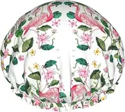 Flamingo Bird Round Leaves Print Various Activities Shower Cap Reusable Soft And Lightweight Bath Hair Cap Long Hair