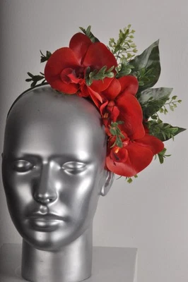 Vibrant Red Green phalaenopsis Orchid Spray Floral Fascinator Headband Raceda...