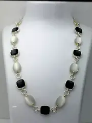Vintage1980s-90s Silver Black White Cats Eye Bead Necklace 15”+3” Ext