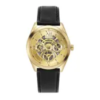 在飛比找momo購物網優惠-【GUESS】金色系 三眼日期顯示腕錶 鏤空錶盤 黑色亮皮革