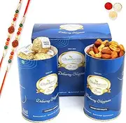 Ghasitaram Gifts Rakhi Gifts for Brothers Channa Laddoo and Mix Dryfruits Cans with 2 Rudraksh Rakhis
