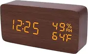 Raercodia Alarm Clock for Bedside Modern Wood Digital Clock Snooze LED Desk Clock Display Time Temperature Humidity Brightness Adjustable for Home Kids Bedroom Office(Brown)