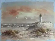 12 X 16 Vintage Hand Painted Original Painting On Canvas Lighthouse By Gordon