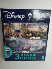 Disney Thomas Kinkade Aladdin Mickey Minnie Jigsaw Puzzle 3 Pack with Glue