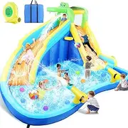 Whubefy Inflatable Water Slide, 8 in 1 Blow Up Crocodile Spray Slide 13.2 x10 Ft Water Bounce House with 2 Water Cannon, Climbing Wall, Basketball Hoop, Inflatable Water Park for Kids Outdoor