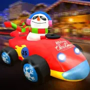 8FT Christmas Car Inflatable Snowman, Cute Blow Up Snowman Driving Racecar wi...