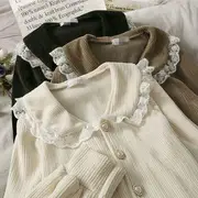 Lace-Trim Peter Pan Collar Pearl Button Corduroy Long-Sleeve Shirt Almond - One Size