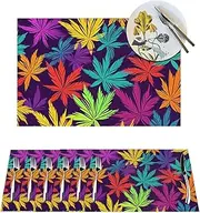 Bright Colorful Weed Pattern Placemats Set 6 PCS, Heat Resistant Non-Slip Place Mats for Dining Table Decoration, Washable PVC Woven Table Mats Indoor Outdoor Hot Pads for Kitchen 18 x 12 Inch