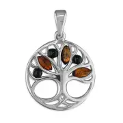 Pendant Mixed amber Tree of Life in circle Sterling Silver