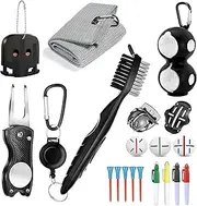 Golf Cleaning Kit 16 in 1, Golf Towel, Cleaning Brush, Divot Repair Tool, Golf Ball Alignment Kit, Score Counter, Ball Holder & Tee, Accessories