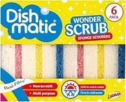 Dishmatic Wonder Scrub Sponge Scourers 6 Pack – Flexi-Fibre Non-Scratch, Soft in Warm Water & Firm in Cold, Odour Resistant, Long-Lasting Sponges for Everyday Dishwashing