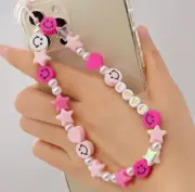 Y2K Pink Star Smiley Face Beaded Phone Lanyard, Cute Smiley Charm
