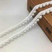 FQTANJU 2 Yards Faux Pearls Lace Ribbon Pearl Fringe Applique, DIY Craft Ribbon Pearl lace Trim for Wedding Party Decoration,White