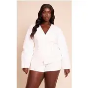 Plus White Premium Linen Tailored Cocoon Sleeve Cinched Blazer, White