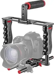 NEEWER Camera Video Cage Film Movie Making Kit, Aluminum Alloy with Top Handle, Dual Hand Grip, Two 15mm Rods, Compatible with Canon Sony Fujifilm Nikon DSLR Camera and Camcorder (Black + Red)