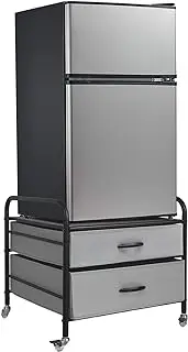 EazeHome Mini Fridge Stand, Fridge Stand with Storage, 2 Drawer Fridge Cart, Organizer Unit for Mini Fridge, Fridge Stand with Metal Frame and Fabric Drawers, Mini Fridge Table with 4 Swivel Wheels