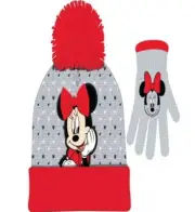DISNEY Minnie Mouse PomPom Beanie Hat & Gloves Girls Red Gray Winter Gift Set
