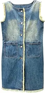 [Generic] Women's Cotton Knee Length Denim Long Vest Sleeveless Jacket with Patch Pockets and Fashion Dirty Wash and Fringe Edge