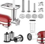 Meat Grinder & Slicer Shredder Attachment for KitchenAid Stand Mixer, 2Pcs Attachments for Stand Mixer Includes Metal Meat Grinder with Sausage Stuffer Tubesand and Slicer Shredder Set by Gvode