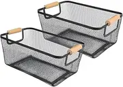 MOTRAIN 2-Pack 12.5"x8.2"x8.2" Metal Mesh Storage Baskets, Rustic Farmhouse Organizers with Wooden Handles, Stackable Wire Bins for Pantry, Kitchen & Bathroom (Black, Rectangular)