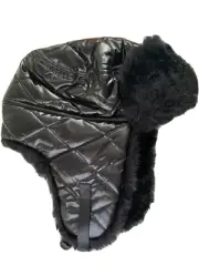 Kid Trapper Hat-shiny Quilt top,Faux Fur Lining-one Size Fits Most- Black