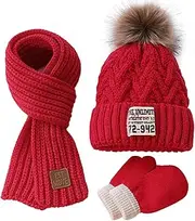 [padike] Kid's Winter Beanie Hat Scart Gloves Set, Knit Warm Toddler Winter Cap Gloves Neck Warmer for Children Aged 8-12